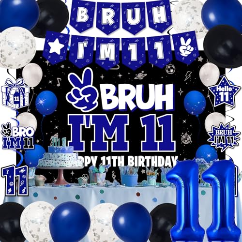 Image of 11th Birthday Decorations for Boys and Girls, Blue and Black Happy 11th Birthday Party Decorations, Bruh I'm 11 Backdrop, Foil Balloons 11, Banner, Balloons, Hanging Swirls, Birthday Card Set 41pcs
