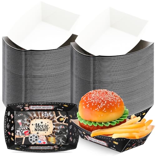 Feifeiya 200 Pcs Movie Night Snack Trays Party Supplies 2lb Disposable Paper Food Trays Snack Boat Serving Holder for Fries Burger Hot Dog Taco Nacho Popcorn Theater Birthday Party Favors