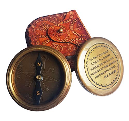 Brass Nautical - Brass Compass with Leather Case J.R.R. Tolkien Directional Magnetic LOTR Compass for Graduation Day Navigation/Pocket Compass for Camping, Hiking, Touring/Gift for Him - Thumbnail 2
