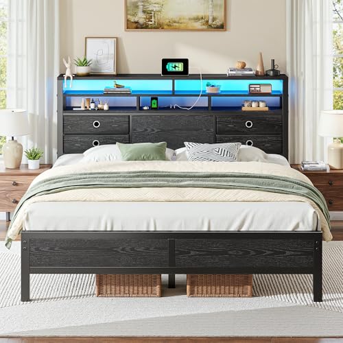 Image of Homkdom Queen Bed Frame with 3-Tier Storage Headboard and 4 Fabric Drawers, LED Light & Charging Station, Noise-Free Metal Platform, No Box Spring Needed, Easy Assembly, Black