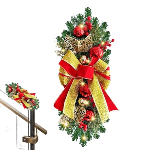 Couronne de Noël, couronne décorative, guirlande de Noël pour escaliers | Couronne de branches de pin sur le thème de l'hiver et couronne de nœud pour porte d'entrée | Décoration de vacances festive