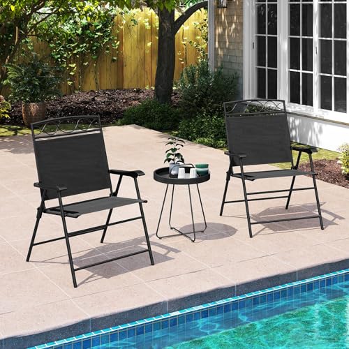 Image of Giantex Set of 4 Patio Folding Chairs, Outdoor Dining Chairs for Camping, Beach, Backyard, Deck, Portable Dining Chair w /Armrest and Metal Frame, Gray