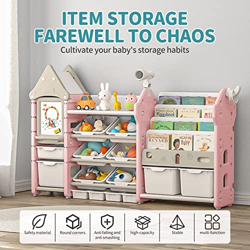 Unicoo - Kids Toy Storage Organizer And Children Bookshelf, With 14 Bins, Pull-Out Drawers Multipurpose Shelf For Toddlers To Organize Toys And Books (Magic Castle – Pink) #TOP1