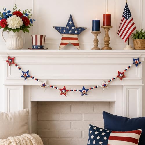Patriotic 6.5ft 4th of July Wooden Star Garland with Wooden Beads for Independence Day Veterans Day Mantel Walls Shelf