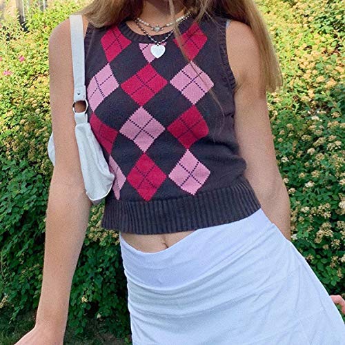 Hyipels Womens Argyle Sweater Vest Girl Y2K Crop Tops Sleeveless Streetwear Preppy Style Round Neck Knit Tank Top #TOP6