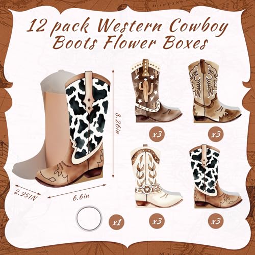 Image of 12 Set Western Boots Flower Boxes Centerpiece Boot Shape Gift Boxes Party Decoration Vase Centerpieces for Tables Boots Rodeo Birthday Baby Shower Supplies (Western,Cowboy Cow)