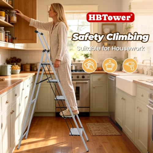 Image of HBTower 5 Step Ladder,Lightweight Aluminum Folding Step Stool with Anti-Slip Wide Pedal,330lbs Capacity Step Ladder for Household,Kitchen,Office - Sliver