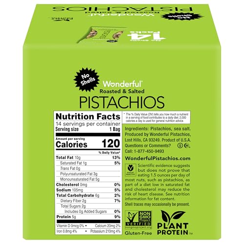 Wonderful Pistachios No Shells, Roasted & Salted Nuts, 0.75 Ounce Bag (Pack of 14), Protein Snacks, Vegan Snacks, On-the-Go, Individual Snacks for Adults