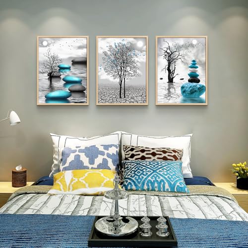 Natural Wood Framed Canvas Wall Art for Living Room Wall Decor for Bedroom Blue Abstract Wall Pictures Bathroom Black and White Paintings Office Decoration Modern Home Decor Framed Art Prints