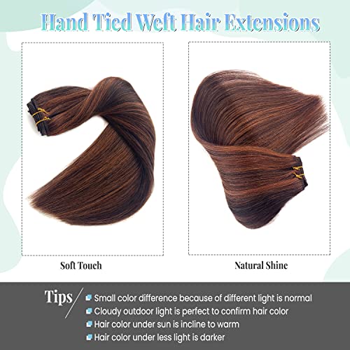 Image of Sew in Hair Extensions Real Human Hair,Weft Hair Extensions Human Hair 14 Inch 80G Dark Brown Balayage Auburn Brown Highlights Hand Tied Weft Hair Extensions Human Hair Bundles Sew in Weft Extensions