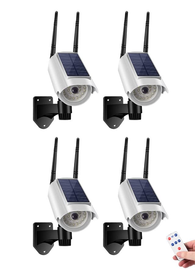Fake Security Camera Powered by Solar Battery, Motion-Activated Floodlights, Realistic Look, Easy to Install, IP66 Waterproof, Warning Sticker Included, Pack of 4(White)