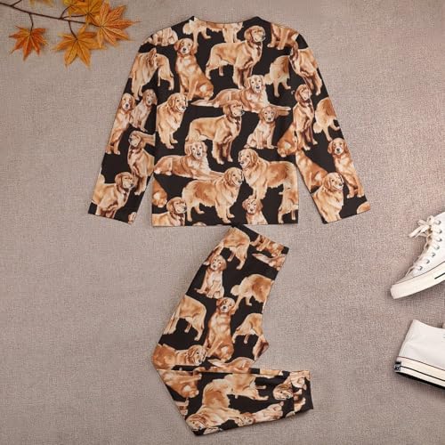 Black Cute Golden Retriever DogChildren's Pajama Set Round Neck Long Sleeve Top + Pants Two-piece Set160CM3