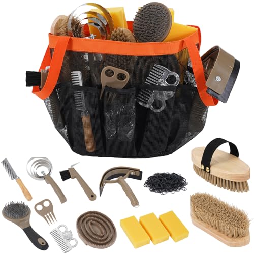 Uross Horse Grooming Kit 15 PCS Equine Care Series Horses Brush Sets with Organizer Tote Bag for Effective Grooming and Bathing Professional Equine Coat Care Supplies for Horse Riders