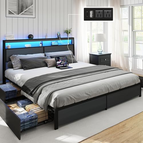 Image of SADENICEL King Bed Frame with Storage Headboard and 4 Drawers, Metal Platform Bed Frame with LED Light, Charging Station, No Box Spring Needed, Noise Free, Easy Assembly, Rustic Grey