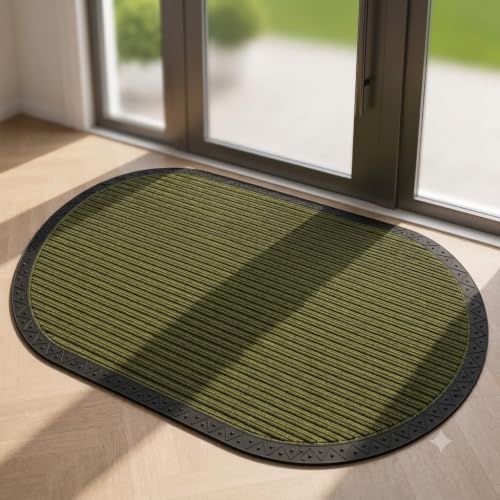 Image of Heavy Duty Front Door Mat 45 x 75 cm, Outdoor Indoor Welcome Mat, Non Slip Dirt Trapper Entrance Rug for Entryway, Patio & Porch,Washable Low Profile Foot Mat (Green Oval 2 x 3.5 feet)