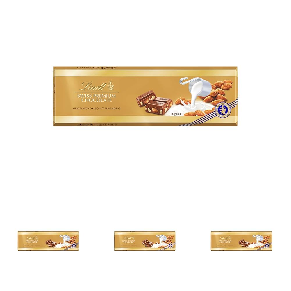 Lindt Tableta de Chocolate con leche con Almendras Gama Oro, cremoso y suave, chocolate suizo tradicional, 300gr (Paquete de 4)