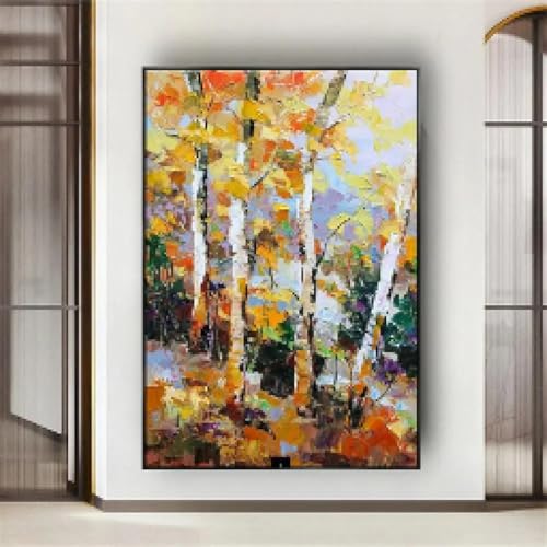 Peinture à l'huile paysage de bouleau toile murale moderne salon chambre 70 x 140 cm