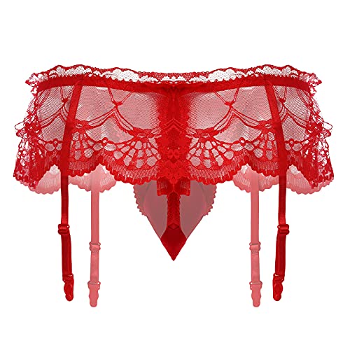 ABAFIP Men's Frilly Skirted Sissy Lace Thongs Panties Low Waist G-string Garter Belt Crossdressing Lingerie Underpants3