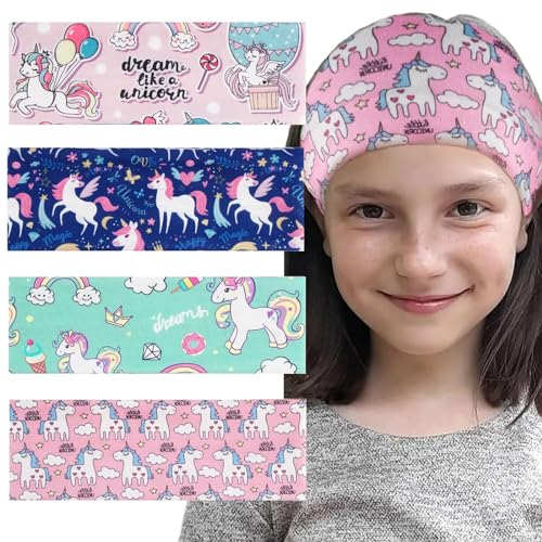 4 Stück Mädchen Einhorn Stirnband, Haarband Mädchen, Kinder Haarband, Elastisches, wiederverwendet, für Kinder 5-15 Jahre, für Sport und Freizeit