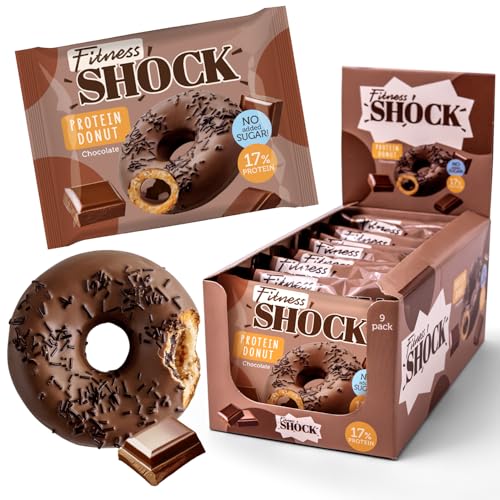 FitnesSHOCK Protein Donut Kekse-Biskuit mit Streuseln, 12g/17% Eiweiß ohne Zuckerzusatz ballaststoffreicher Snack mit Schokoladenfüllung Palmölfrei - Schokolade Geschmack 9x70g