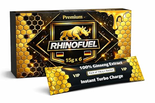 Premium RHINOFUEL Honig Mit Ginseng Gelée Royale & Vitamin B1 & B2 | 6 × 15 g | Honigzubereitung mit Pflanzenextrakten für aktive Männer