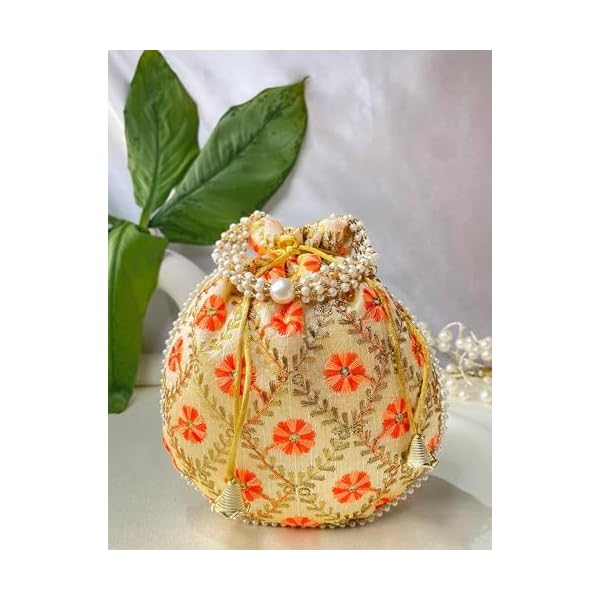 Trendy Crafts- Drawstring Closure Silk Potli | Hand Embroidery Thread Work Wristlet Bags for women | Bridal Silk Embroidered Batwa | Handmade Clutch Purse | Ethnic Pouches for Return Gift - Image 5