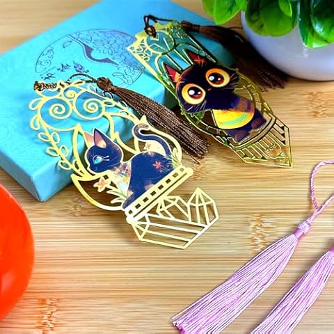 2 Pieces Metal Hollow-Out Bookmarks with Tassel, Golden Cute Cat Theme Book Marks for Reading Women, Men, Book Lovers,Teachers,Teen - Reading Accessories with Exquisite Gift Box Cover