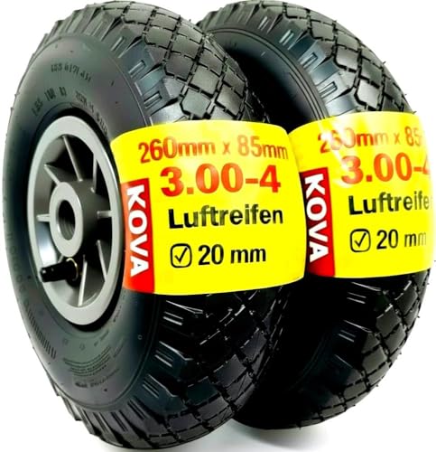 KOVA 2X Sackkarrenrad LUFTBEREIFT 3.00-4 260x85mm Nabe Ø20×75 Reifen mit Schlauch & Rad Sackkarre Bollerwagen Luftreifen Ersatzrad Sackkarren Räder Rollenlager Luftrad Winkelventil Schw/Grau L