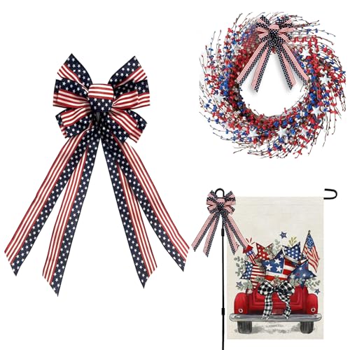 Kairova Large 4th of July Decorations Bow Red White Blue Memorial Day Decoration Bow for Wall Door Window Wreath Decor Indoor Outdoor Tree Topper Stripe Stars Patriotic Independence Day Decorations