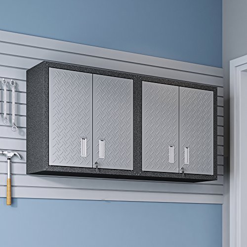 Image of Manhattan Comfort Fortress Collection Modern Designed 2 Piece Set Floating Storage Garage Cabinet Great For Tools and Supplies, 2 Pc Set, Stainless Steel