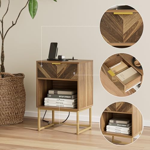 Image of Masupu Nightstand with Charging Station,Modern Night Stand Boho Farmhouse Wood Bedside Table with Storage Drawer Side End Table for Bedroom,Living Room,Office,Walnut Brown with Outlet