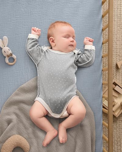 Image of Blissful Diary Muslin Crib Sheets, 2 Pack, Light Blue & Grey | fitted for 52''x28'' crib mattress, soft and breathable cotton, boho style, easy care for machine wash, gift for boy and girl