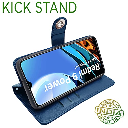 Image of Pikkme Redmi 9 Power Flip Cover| PU Leather Finish | 360 Protection | Wallet & Stand | Strong Magnetic Flip Case for Redmi 9 Power (Blue Button)