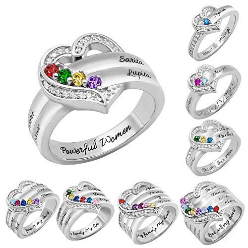 AILIN Heart Promise Rings For Her 925 Sterling Silver Custom 1-8 Name And Birthstones Rings Mothers Day Wedding Anniversary Birthday Jewelry Gifts For Women Mom Grandma