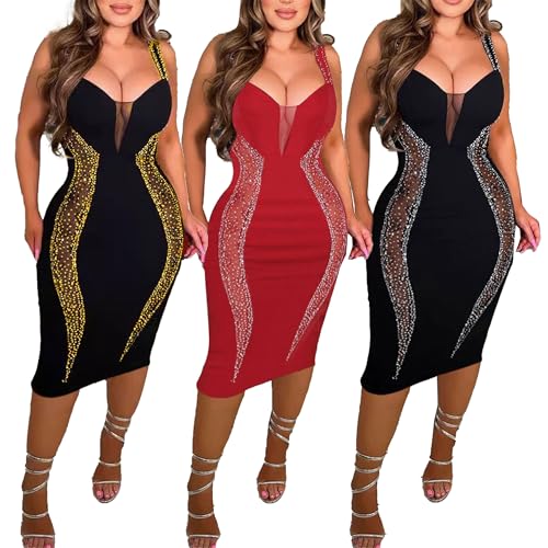 Image of Jigfar Women's Sexy Rhinestone Sheer Mesh See Through Bodycon Dress Birthday Party Club Night Outfits