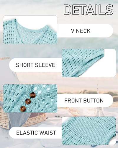 Image of Haloumoning Girls Crochet Swim Beach Cover Up Kids Fashion Button Short Sleeve Swimsuits Cover Ups 5-14 Years