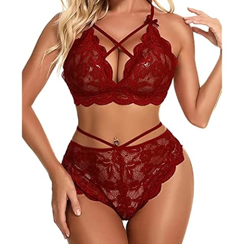 Manxing Women's Lingerie Set Lace Babydoll Teddy Outfits Crochet Sheer Lace Bra and Panty Set Lady NightWear (Wine Red, L) Cover