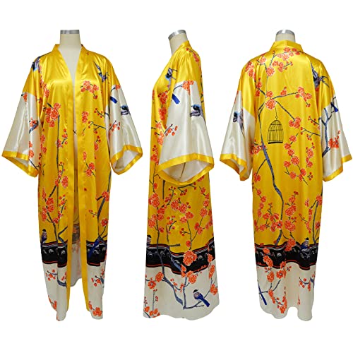 Image of Kimono Cardigan for Women Long Boho Satin Kimono Robes Plus Size Open Front Beach Swimsuit Cover Ups Lightweight Duster