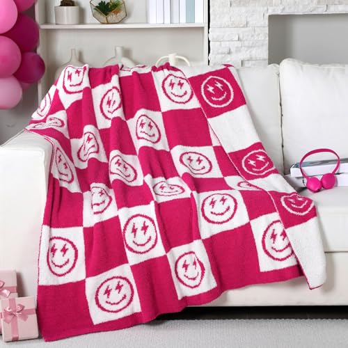 Buryeah Preppy Knit Throw Blanket 50 x 60 Inch Smile Face Reversible Knitted Throw Blanket Cute Pink Soft Lightweight Cozy Gift for Couch Sofa Bed