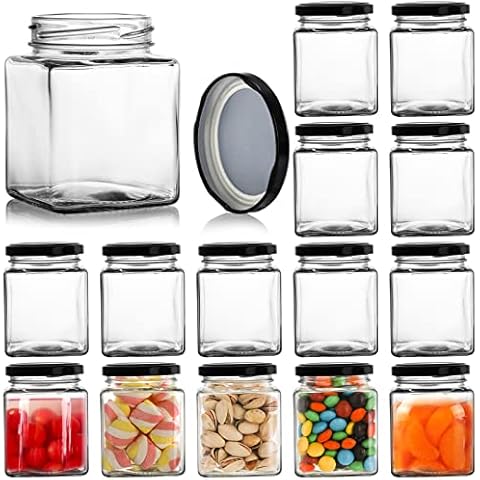 Jucoan 15 Pack Square Glass Jar with Black Airtight Lids, 10 oz Small Glass Mason Jar Canning Jars for Jam, Spices, Honey, Jelly, Baby Shower, Wedding Favor Cover