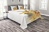 ABAKUHAUS Muscheln Tagesdecke Set, Muscheln & Seesterne, Set mit Kissenbezügen Maschienenwaschbar, für Doppelbetten 220 x 220 cm, Braun Gelb Creme
