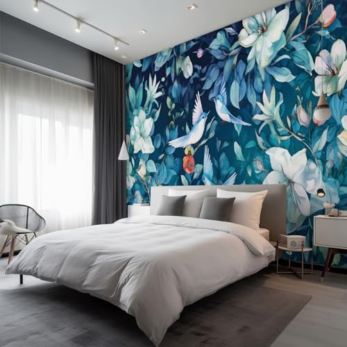 Papier peint bleu blanc fleurs oiseaux intissé mural chambre - 2