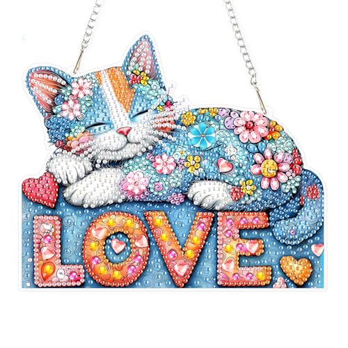 Lxmsja DIY Colorful Cat Diamond Painting Hanging Ornament, Double-Sided Acrylic Love Hearts Diamond Art Kit, Special Shaped Drill Pendant Window Art Kit, Suncatcher Hanging Craft Decoration 7×8 inch