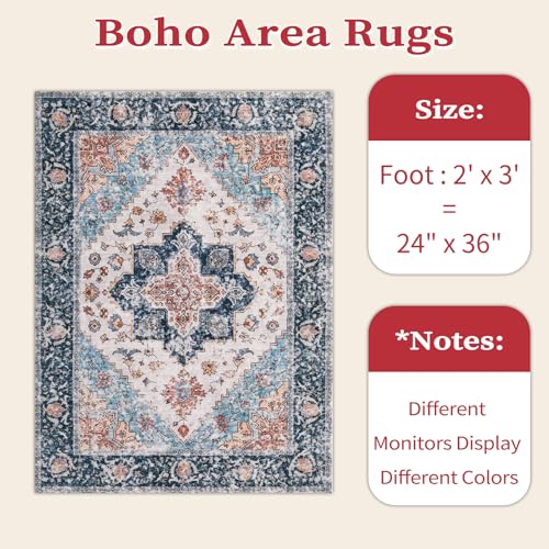 SERISSA Boho Rugs for Entryway, 2x3 Entryway Rug Non-Slip Washable Small Area Rug, Ultra Soft Oriental Vintage Low-Pile Indoor Door Mat Blue Orange Floor Carpet for Entrance Bedroom Kitchen Bathroom