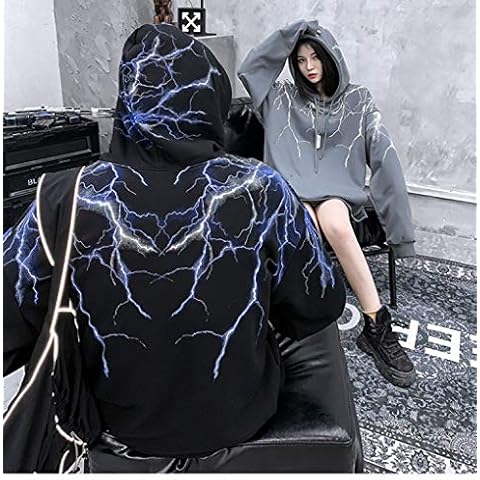 AFASSW Hip Hop Lightning Hoodie Sweatshirt Männer Harajuku Streetwear Hooded Pullover Baumwolle Herbst 2020 Loose Hoodie Hiphop Hipster Schwarz Freund Freundin Geschenk, A761969 Schwarz, XL Cover