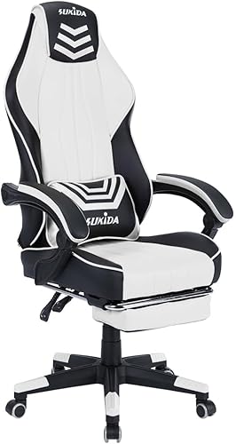 SUKIDA Gaming Chair with Footrest Office Chair Computer Chair with Massage Lumbar Pillow Ergonomic Chair with Armrest Recliner Chair High Back