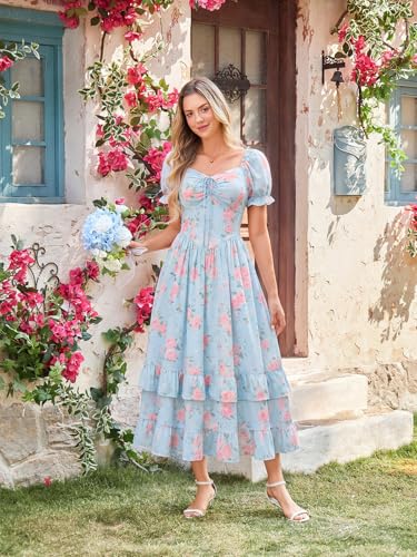 Image of Scarlet Darkness Women Floral Maxi Dress Puff Sleeve Tea Party Corset Dress | Pockets, Ruched Bust, Ruffled Hem, for Cottagecore Fairy Milkmaid Vacation