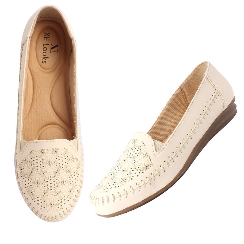 xe looks Women's Laser Cut Floral Slip-On Loafers | Soft Faux Leather with Elastic Band for Easy Wear Loafers For Girls & Women-picture-53
