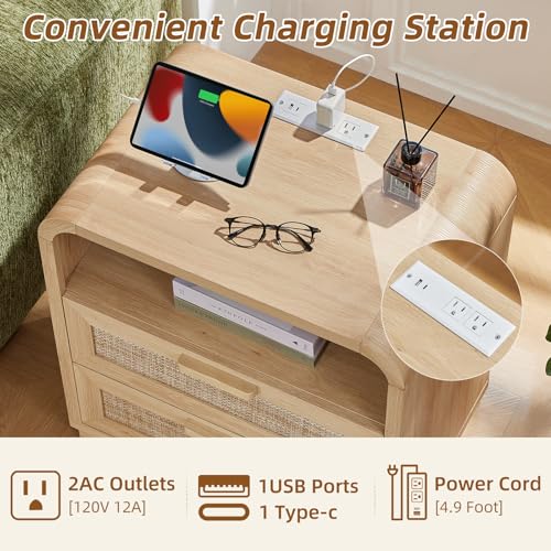 Image of LEYAOYAO Rattan Nightstands Set of 2 with Charging Station, Natural | 23.6 inch Curved 2 Drawers Nightstand with Storage Shelf & Solid Handle, Boho Bedside Tables for Bedroom, Living Room