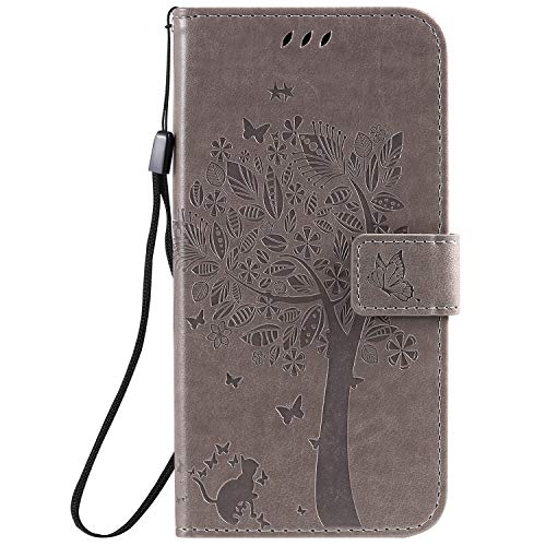Fatcatparadise Coque Sony Xperia XZ2 Compact,[avec Film Protecteur Trempé Libre] (Série De Chat Et d'arbre) Rétro Premium Flip Etui Portefeuille Support PU Cuir pour Sony Xperia XZ2 Compact (Gris)